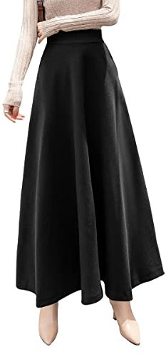 Damen Lang Rock Elegant Maxi Winterrock Plaid Warm Wollrock Hohe Taille Karierter röcke Herbst Elastische Taille Vintage A Linie Casual Midi Faltenrock C Schwarz L