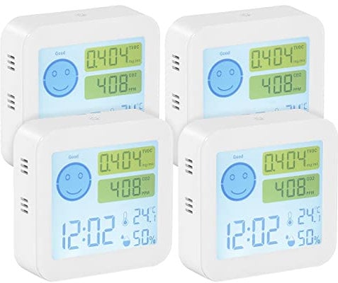 infactory Luftqualitätsmesser: 4er-Set TVOC- & CO2-Messgeräte mit Uhr, Temperatur, Luftfeuchtigkeit (Thermometer mit Co2 Anzeigen, Co2-Meter, Digitale Wanduhr)