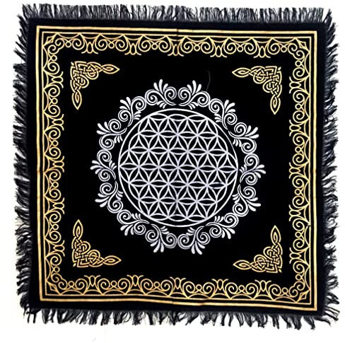 INDACORIFY Fleur de vie d'autel avec franges, alter, tarot, sorcellerie, tissu sacré spirituel, 45,7 x 45,7 cm (fleur de vie dorée et argentée)