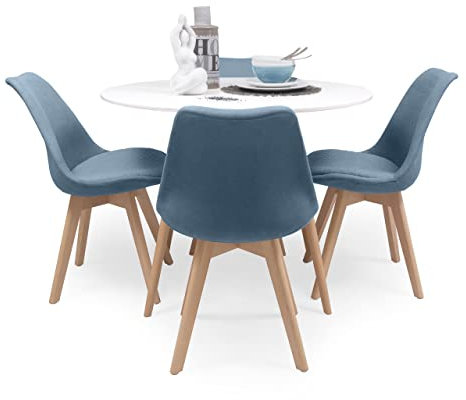 Homely - Conjunto de Comedor Tower White 100 New Day Mesa Redonda lacada en Blanco de 100 cm y 4 sillas New Day Tela (Azul Turquesa)