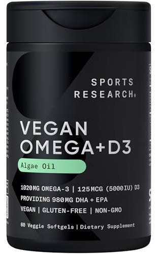 Sports Research Vegan Omega-3 with Vitamin D3 Softgels - 1020mg Omega-3 & 5000iu D3 Supplement - Fish Oil Alternative with Vitamin D Plant-Based Support from Algae Oil - 60 Veggie Softgels for Adults