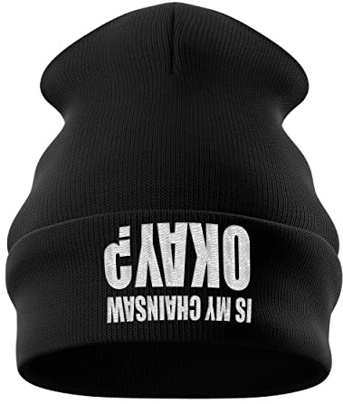 Purple Print House is My Chainsaw Okay Beanie Hat Men - Funny Tree Surgeon Birthday Gift for Him - Tree Surgery Arborist, One Size, Black