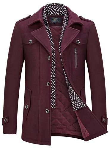 KUDMOL Herren Wintermantel Wolle Kurzmantel Stehkragen Wollmantel Mittellang für Business Freizeit Peacoat(Weinrot,S)
