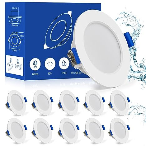 Leselux LED Einbaustrahler 230V Flach, 10x IP44 Spot LED Warmweiß 3000K 5W 310LM, Aluminium Einbauleuchten Decke 70-90mm, Einbauspot Für Das Bad, Deckenspots Weiß 35mm für Wohnzimmer Küche