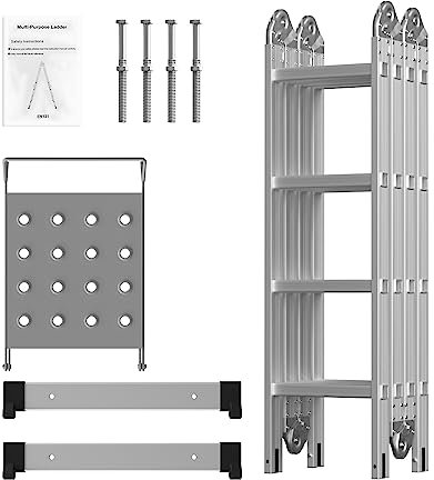 BRIEFNESS 4.7M Folding Ladder 4x4 Aluminium Ladder 14in1 MultiPurpose Ladder Combination Step Ladder for Home DIY Building Use with Platform