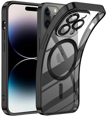 TUUTPU Cover Magnetica per iPhone 15 Pro, Custodia Comaptibile con Magsafe Trasparente Antiurto Protezione Copertura della fotocamera Non ingiallente Sottile Silicone Telefono Clear Case, Nero
