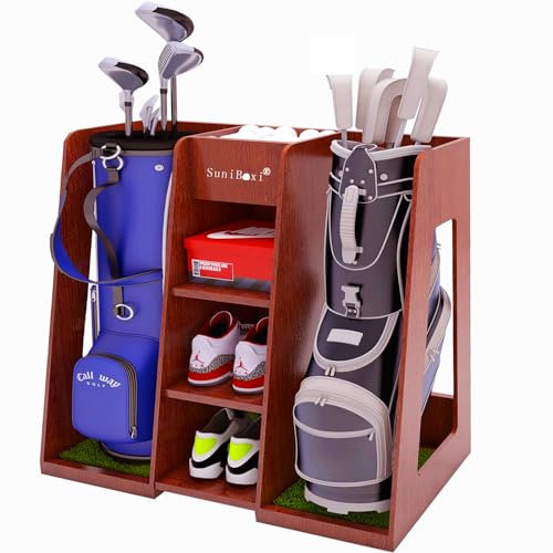 SuniBoxi Golf Bag Organizer, Premium Wooden Golf Storage Rack, Stylish Heavy-Duty Golf Club Storage Rack for Garage, Indoor Spaces, Basements, and More(Double-Dark Brown)