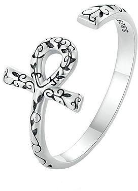 Aruie Offener Ring Ankh Kreuz des Lebens Blumengravur Silber 925/1000 Vintage Schmuck Herren Damen, Sterling Silber