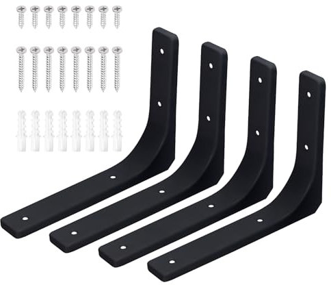 Swpeet Heavy Duty Iron Wall Shelf Bracket 8L x 6H - Floating Steel Support with L Joint Angle Kit Contains 20/40MM Screws, Anchors for Home, Black (4 Pack)