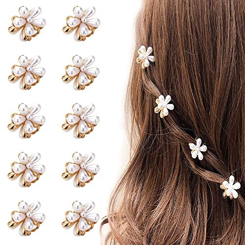 HOC Mini-Krallenclips mit weißen doppelseitigen Perlen, koreanischer Stil, Gänseblümchen-Design, kleine Clutcher-Haarspangen, Haarschmuck für Damen und Mädchen, 10 Stück