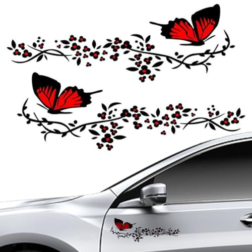 CLKE 2 adesivi per auto, con motivo farfalle e fiori, adesivi personalizzati per cofano di auto, moto, tavole da rotelle, valvole, muri (rosso e nero)