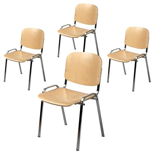 Topsit 4er Set Besucherstuhl, Bequemer Konferenzstuhl, stapelbar, mit Sitz und Rückenlehne aus Holz. (Chrom Gestell)