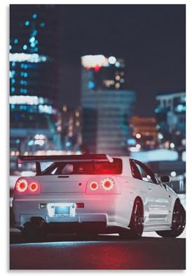 R35 R34 JDM Auto Japan weißes Poster auf Leinwand, Wandkunst, Poster und Drucke, hängende Malerei für Schlafzimmer, Klassenzimmer, Wohnheim, Wohnzimmer, ästhetische Dekoration, Wandbild, gerahmt,
