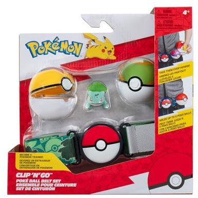 Pokémon PKW3646, Clip and Go Pokéball Gürtel Set, Nestball, Levelball & Bisasam, offizielles Set mit Figur