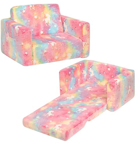BEJOY Kindersofa Aufklappen 2 in 1 Schlafsofa, Kindersessel, Flanell Kinder Couch Ausklappbar für Kinderzimmer Kindertags- und Geburtstagsgeschenk für Mädchen und Jungen - Zuckerwatte mit Einhörnern