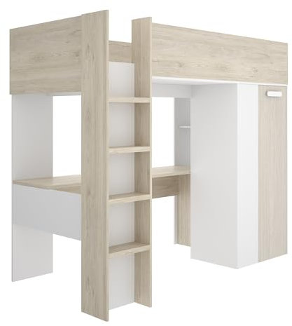DEKIT GRUPO RIMOBEL SPYLO - Cama alta para dormitorio - LITERA - BLANCO / NATURAL ALISTONADO - 177.5 x 206 x 111