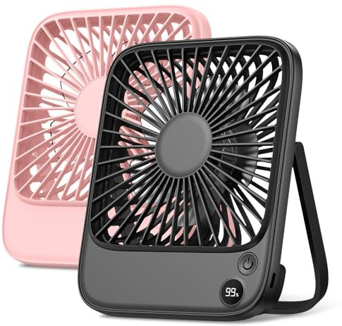 TOPK 2 Pack 5000mAh Portable Desk Fan Rechargeable, Ultra-thin Strong Wind Digital Display 4 Speeds Adjustable Small Silent Battery Powered Personal Fan for Bedroom,Office,Travel,Library,Outdoor