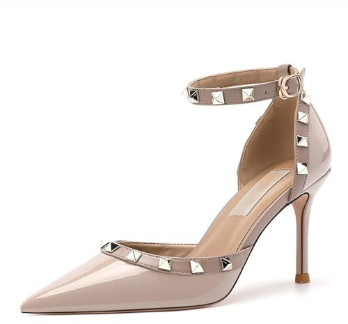 GZHMMAN High Heels Damen Knöchelriemen Spitze Zehenabsätze Nieten Knöchel T-Riemen Pumps Kleid Hochzeit Sandalen,Nude,41