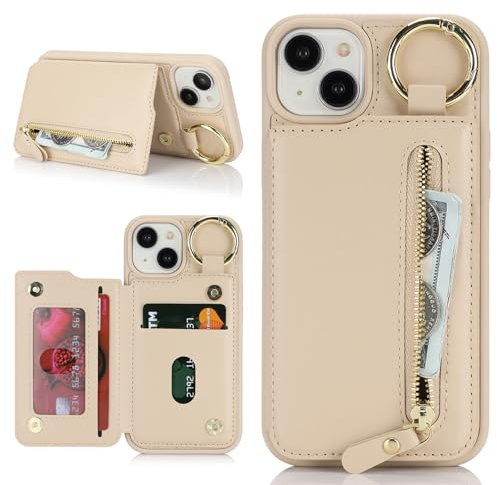Havaya für iPhone 15 Hülle mit Kartenhalter Handyhülle für iPhone 15 mit Schlüsselanhänger Hülle geldbörse Reißverschluss für Herren und Damen - Aprikose