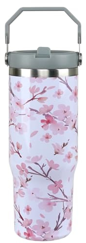 Heqianco 30oz Cherry Blossom Tumbler with Handle Cherry Blossom Cup Insulated Tumblers with Flip Straw and Top Handle Stainless Steel 30oz Coffee Mug
