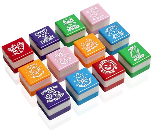 Set mit 6 Motivationsstempeln, quadratisch, als Geschenk für Lehrer und Kinder, verschiedene Farben, sicher und langlebig, 25 mm x 15 mm, für Stimulation und Spaß beim Lernen (12, Spanisch)