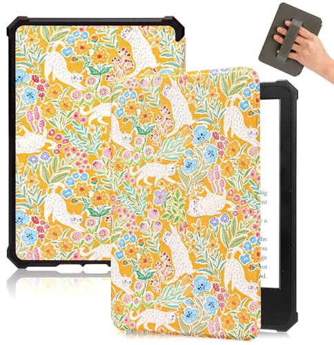 Fancity Étui Compatible avec Kindle Paperwhite 7, 12e Génération 2024 2025 | Kindle Colorsoft Signature Edition, Cuir PU et TPU souple avec Dragonne, Fonction Veille/Réveil Intelligente, Cat Orange