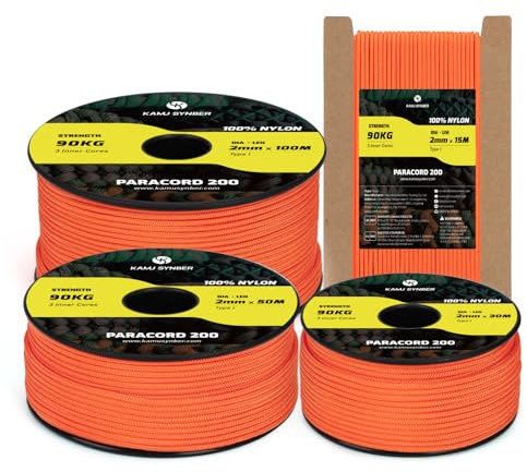 Kamu Synber Paracord 2mm 3 Strands 50M 100% Nylon Rope Type I Parachute Cord for Craft, Outdoor, DIY, Camping | Support 90kg | Orange