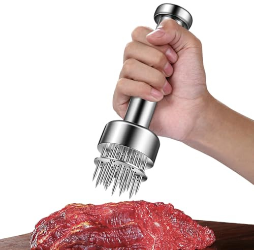 BOMANSI BOMS Stainless Steel Meat Tenderizer Tool, 21 Sharp Needles | Chicken Meat Tenderizer, Tenderizing Steak, Beef, Chicken, Pork, Barbecue, Marinating Prep Tool, Free Cleaning Brush