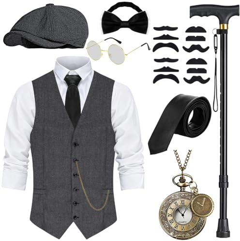 WILDPARTY 20er Jahre Kostüm Herren Weste mit Accessories, Faltbare Krücke Taschenuhr Bart Barett Gläser, Krawatte, Fliege, für Mafia Kostüm 1920S Gangster Peaky Blinders Karneval Halloween Mottoparty
