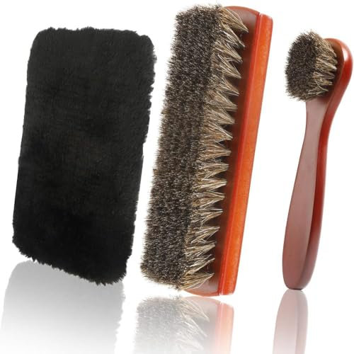 3-Piece Shoe Brush Set, Boot Brush, Horsehair Leather Cleaning Brush, Shoe Polish Brush