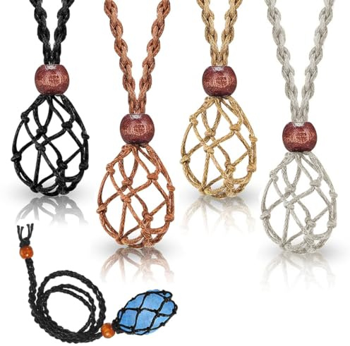 4 Stück Leerer Steinhalter Kette Kristallsteinhalter Kette Quartz Kristall Halskette Halter Fischnetz Stein Halskette Schnur Verstellbare Schnur Käfig für DIY Schmuck