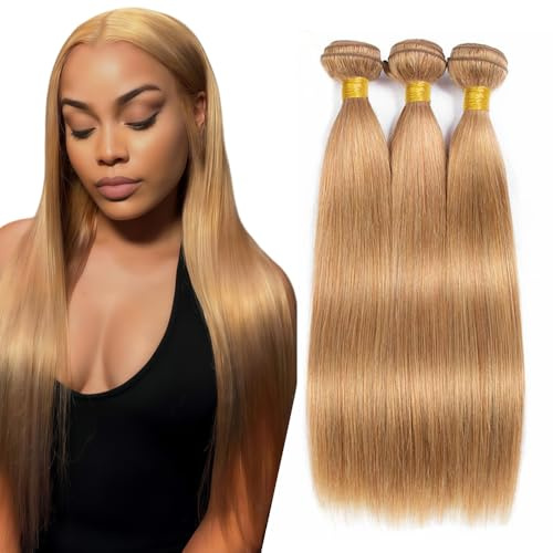 Tuheerst Human Hair Bundles 26 28 30 Inch Straight #27 Honey Blonde Color Unprocessed Double Weft Weave 50g/Bundle Total 150g Human Hair Extensions For Women