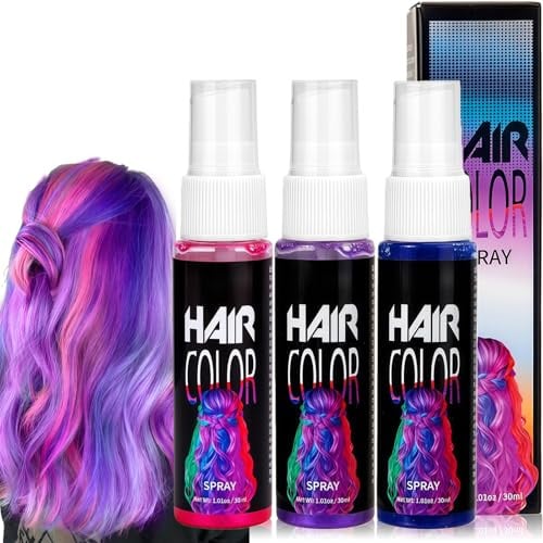 3 Color Hair Color Spray, Temporary Hair Colour Spray - Suitable for Kids & Adults, Quick & Easy Washable Haircolor, Perfect for Halloween, Cosplay, Parties & Festive Events (Pink, Blue, Purple)