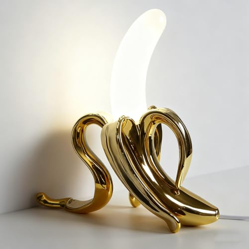6W LED Tischlampe Gold Moderne Banane Design Kunstharz Tischleuchte mit Kabel und Stecker Glas Lampenschirm Deko Kleine Lampe Nachttischlampe Warmes Licht 3000K für Wohnzimmer Schlafzimmer