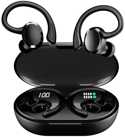 IKOZO Écouteurs Bluetooth sans Fil Sport avec Crochets d’Oreille, Maintien Sécurisé Running et Fitness, 56H d’Autonomie, Appels clairs avec ENC, Résistance à l’Eau IPX5, Écran LED, Commandes Tactiles