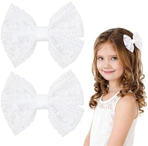 Pinzas Para El Cabello Con Lazo, 2pcs Lazo Blanco Pelo, Horquillas para el Pelo de Mujer con Lazos, Pinza para el Pelo con Lazos, para Uso Diario, Comuniones, Bodas, Fiestas (Blanco A)