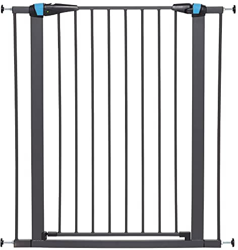 Pet Gate, 39 Inch High Walk-thru Steel Pet Gate by 29 Inch to 38 Inch Wide in Textured Graphite w/ Glow Frame, X-Tall | Pressure Mounted, Expands 29.5- 38 Wide, Auto-Close Door, Includes Two 3 Extensions