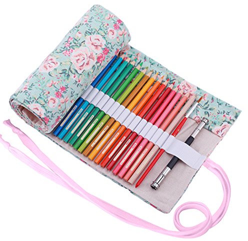 Amoyie Roll Up Pencil Case for 72 Coloured Pencils, Foldable Colouring Pen Organiser Bag, Canvas Coloring Pens Holder, Artist Wrap, Floral Blue Green