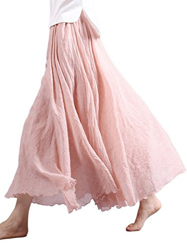 Camilife Jupe Longue en Coton et Lin pour Femme Fille Jupe Maxi Taille élastique Double Couche pour Taille XS-M 95cm Uni Rose Clair