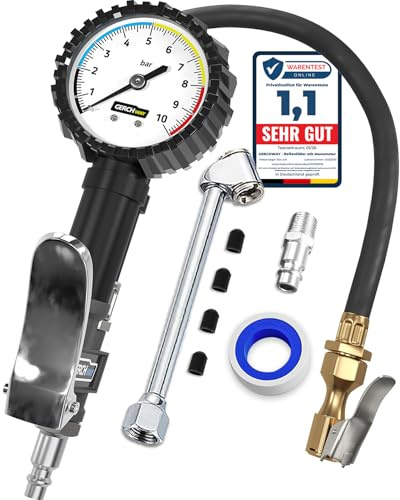 GERCHWAY Reifenfüller mit Manometer 0-10bar, Luftdruckprüfer für Kompressor | Reifendruckfüller, ±2 % vom Endwert, extralanger 50-cm-Schlauch, Druckluftpistole mit 360°-Kopf, Euro-Stecknippel, Entlüftung