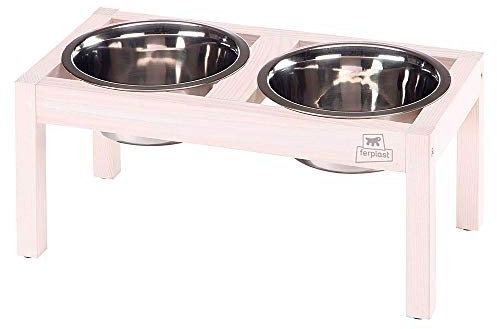 Ferplast Desco Wood Dog Bowl Holder with 2 Stainless Steel Bowls - Stylish, Non-Slip, Raised Wooden Dog Water and Food Bowl, 1,7 Liter