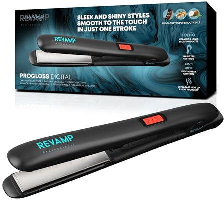 REVAMP Progloss Digitaler Keramik-Haarglätter – schlank, leicht, Salon, professionelles Glätten und Locken, Heißbügel-Styler, alle Haartypen, einstellbare Temperatur, weltweite Spannung, Schwarz