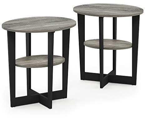 Furinno Jaya Oval Beistelltisch, Holz, French Oak Grey/Black, 2-Pack