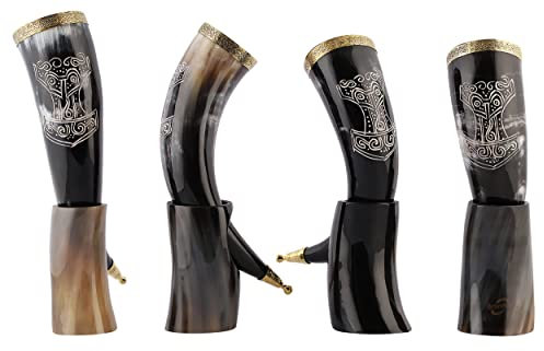 Brainmart Viking Drinking Horn – 12 Inch with Stand & Brass Rim | Authentic Handmade Ox Horn Cup | Thor Engraved | Food-Grade, Polished Finish | Unique Mug, – Gift for Men (4 Piece Set)