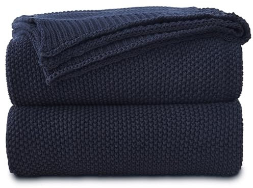 Longhui bedding Dark Navy Blue Cotton Cable Knit Throw Blanket for Couch Sofa Bed, Lightweight Home Decorative Throws, Bonus Laundering Bag, 50“ x 60” Machine Washable