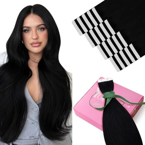 YoungSee Tape Extensions Echthaar Schwarz Echthaar Extensions Tape 55cm Extensions Echthaar Tape in Haarverlangerung Tape Echthaar Tape in Extensions Schwarz Tape Echthaar Extensions 50g #1