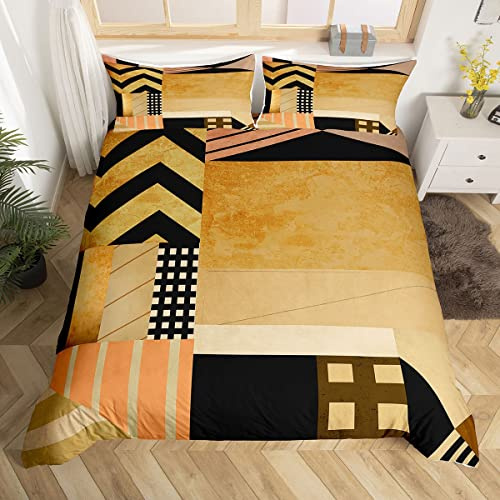 feelingyou Parure de lit abstraite 200 x 200 cm, housse de couette rétro à rayures dorées pour enfants, cadeau de Noël pour chambre à coucher, housse de couette en microfibre douce à carreaux noirs