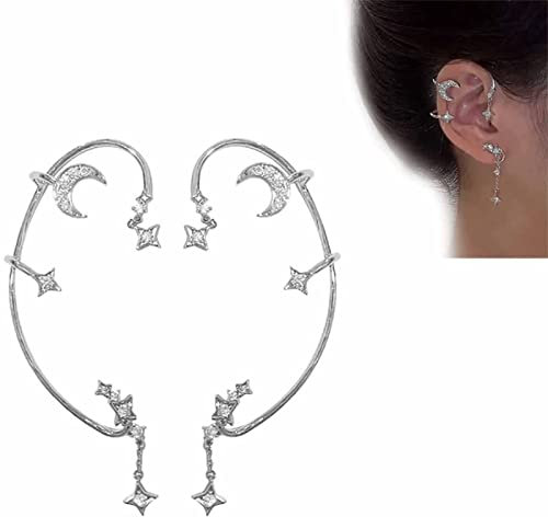 HYZSM Moon Star Ear Cuff Earrings,Ear Cuff Wrap Earrings,Silver Cuff Earrings for Women 925 Sterling Silver,Crawler Earrings for Women,Zircon Fashion Jewelry Earings (1 Pair)