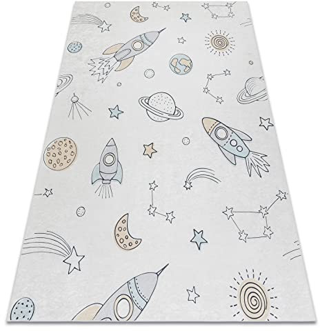 rugsx Kinderteppich Bambino Waschteppich Weltraum, Rakete für Kinder Anti-Rutsch - Creme 160x220 cm