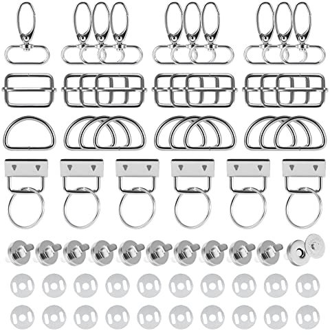 Jeesblsy Drehbare Karabinerhaken Taschenzubehör Zum Nähen 46Stk Tragegurt Reparatur Set für DIY Taschen Gürtel Zubehör, D-Ringe, Magnetische Knöpfe, Schiebeschnalle Gurtversteller